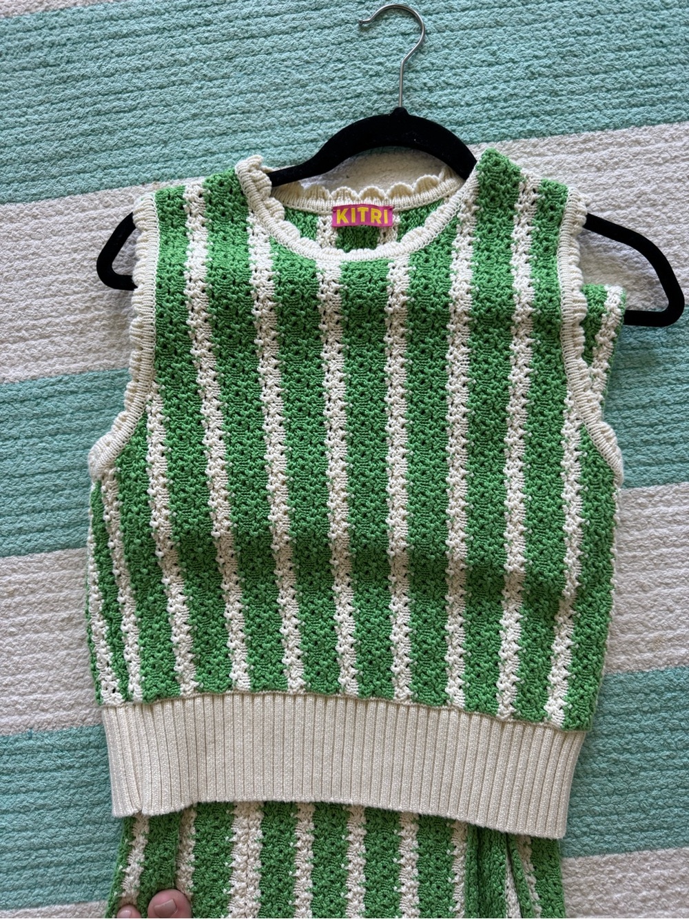 KITRI Green and Cream Striped Knit Sweater and Matching Skirt Set